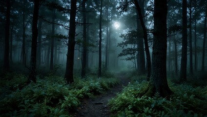 Obraz premium Enchanted, foggy forest with moonlit, serene magic.