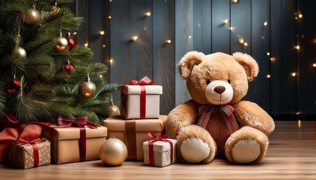 christmas teddy bear with gifts