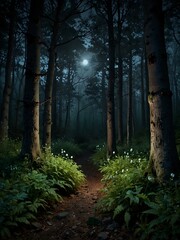 Naklejka premium Enchanted, magical moonlit forest.