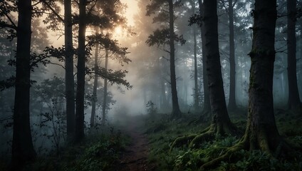 Obraz premium Enchanted, mystical foggy twilight scene in the forest.