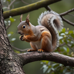 An Indian giant squirrel perched on a tree branch, with its body poised and tail curved around the branch. Ai