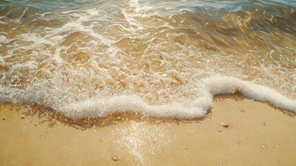 Crystal-clear beach at sunrise, waves gently rolling in, pristine sand, untouched shoreline