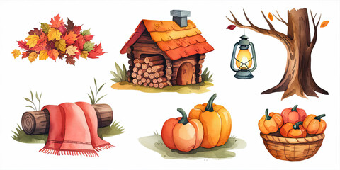 Whimsical autumn forest watercolor illustration capturing the beauty of fall, with vibrant colors and autumnal elements such as falling leaves and trees in a magical, serene forest setting.