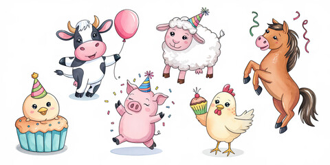Fototapeta premium Whimsical farm animal birthday party with five adorable farm animals wearing hats and celebrating in a rustic barnyard setting, complete with hay bales and colorful decorations.