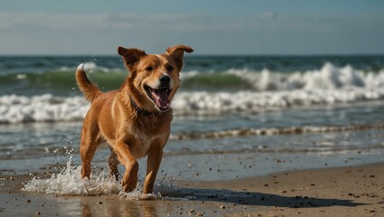 Energetic dog enjoying the beach.