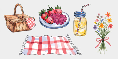Fototapeta premium Whimsical summer picnic watercolor illustration with vibrant foods, a colorful blanket, and surrounding nature, encapsulating the spirit of summer outdoor relaxation.
