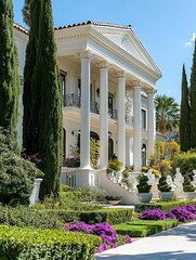 White mansion with columns and lush greenery.