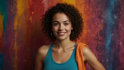 Fototapeta premium Energetic studio portrait of a woman with colorful backgrounds.
