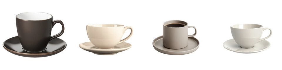 Sleek coffee cups and saucers in various colors and styles, perfect for modern dining. These elegant designs enhance any table setting with their minimalist appeal