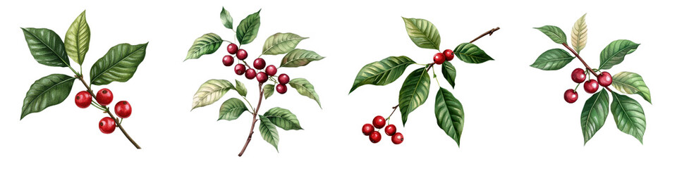 Botanical illustration of coffee plant branches with cherries, showcasing vibrant red cherries and lush green leaves. This artwork captures essence of coffee cultivation beautifully