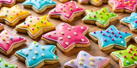 Star-Shaped Sugar Cookies Colorful Glaze, Sprinkles, Festive Treat
