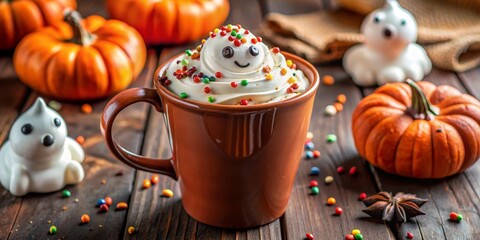Fototapeta premium Spooky Hot Cocoa Ghost Meringue, Pumpkin Spice, Autumnal Composition