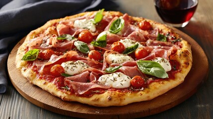 A rustic Italian pizza topped with fresh ingredients like tomatoes, mozzarella, basil, and prosciutto, artfully presented on a wooden board with a glass of red wine alongside.