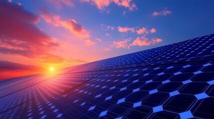 Vibrant sunset over expansive solar panel array.