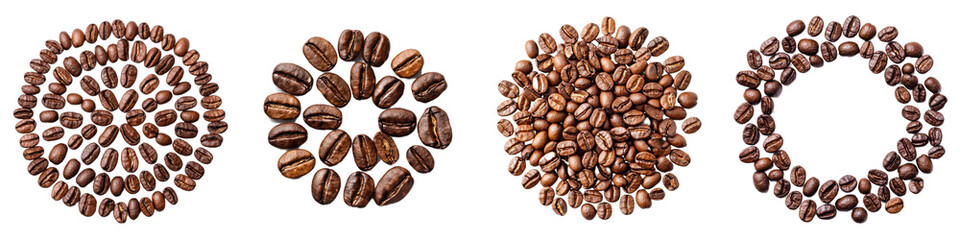 Fototapeta premium Coffee beans arranged in circular patterns create visually appealing mandala design, showcasing rich textures and colors of beans. This creative arrangement highlights beauty of coffee