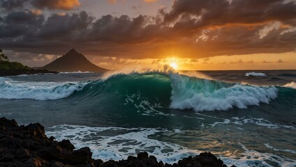 Obraz premium Epic Hawaiian wave at sunrise, surrounded by volcanic rocks.