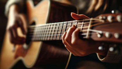 Close-up of hands playing acoustic guitar with focus on strings. Warm light enhances cozy atmosphere highlighting craftsmanship, musical passion. Image reflects love for music and creative expression
