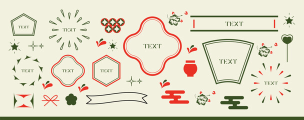 various traditional golden china frame isolated on red background. Collection of different chinese retro border vector flat illustration. Yellow vintage decorative corner