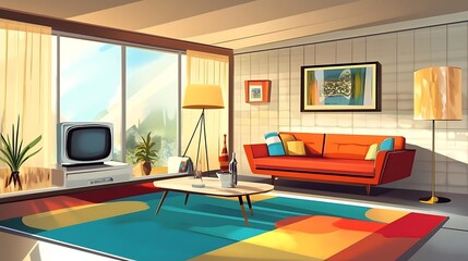 Mid Century Modern Living Room Interior Design Illustration