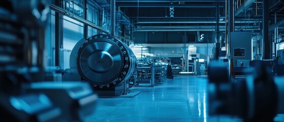 Industrial facility showcases advanced machinery and technology in a dimly lit environment