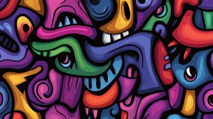 Colorful abstract design filled with strange faces and shapes