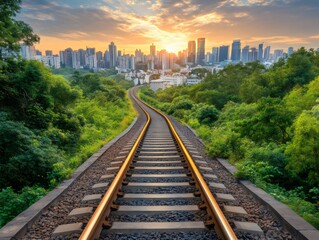 Fototapeta premium Landscape of sunset view at urban skyline with long railway track surrounded by green trees on both sides.
