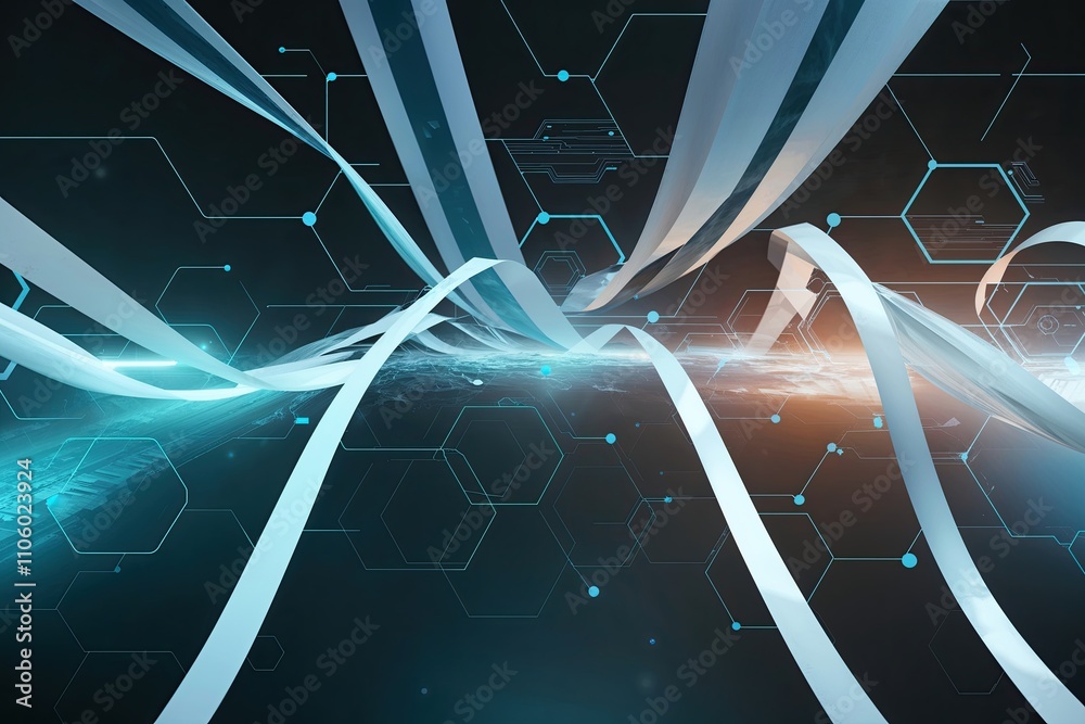 Poster immersive technology background with hexagonal patterns and dynamic ribbons