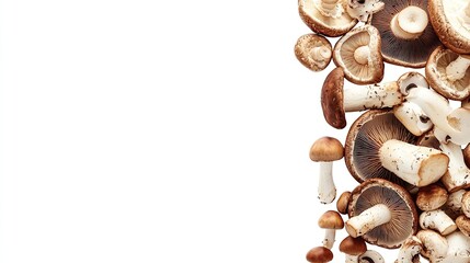 A variety of fresh mushrooms are arranged vertically along the right side of the frame against a white background.