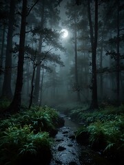 Fototapeta premium Ethereal moonlit forest, fog and serenity.