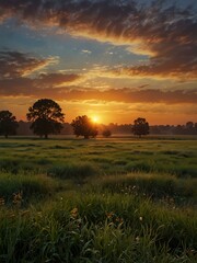 Naklejka premium Ethereal sunset painting across a field.