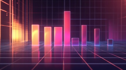 Fototapeta premium A sleek 3D bar graph with gradient-colored bars and glowing effects, representing positive financial growth, displayed against a dark digital grid.