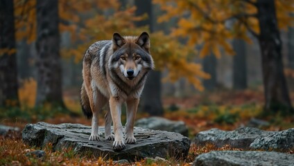 Obraz premium Eurasian grey wolf walking on rocks in an autumn landscape.