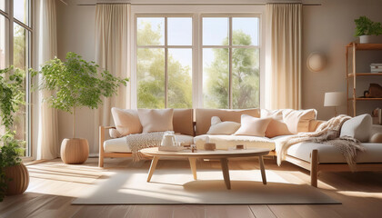 A cozy Scandinavian living room featuring minimalistic design with light wood furniture, soft pastel colors, a plush area rug, and large windows allowing natural light to fill the space.
