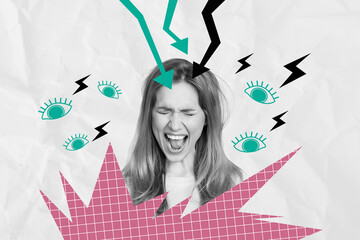 Collage 3d image of pinup pop retro sketch of scream scared female bullying stressed panic attack...