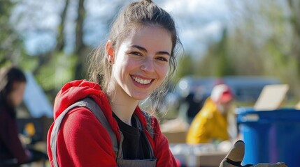 A volunteer working with enthusiasm at a community event, eager to help and make a positive impact