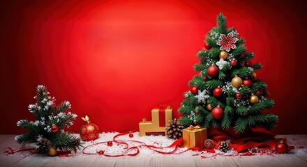 Festive Christmas Scene with Decorated Trees, Gift Boxes, and Snowy Accents on Red Background, Ai Generation