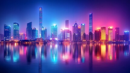 Obraz premium Vibrant city skyline at night reflected in water.