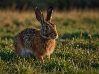 Fototapeta premium European hare in a grassy field.