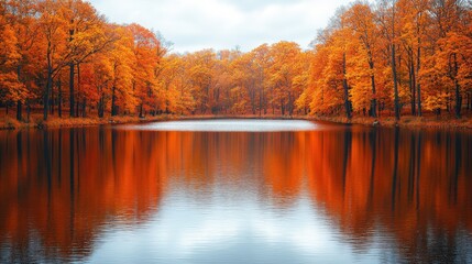 Obraz premium A serene lake surrounded by vibrant autumn trees reflecting in calm waters.