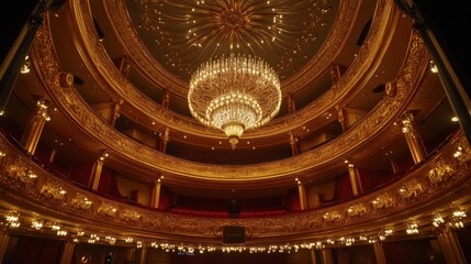 Obraz premium Grand Opera House Interior Golden Chandelier, Ornate Details, Theater Seating