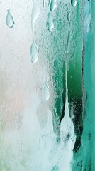 Close-up of water droplets on a fogged glass surface, creating an abstract, colorful pattern.