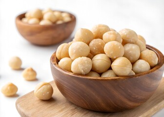 Close-Up of Macadamia Nuts in Wooden Bowls Isolate On Transparent Background Cutout, PNG file, Cutout file