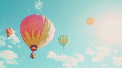 Fototapeta premium Vibrant Hot Air Balloons in Bright Sky with Sunlight and Fluffy Clouds Creating a Magical and Colorful Outdoor Experience