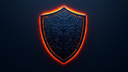 A dark shield with an ornate design, surrounded by a fiery glow, representing protection and...