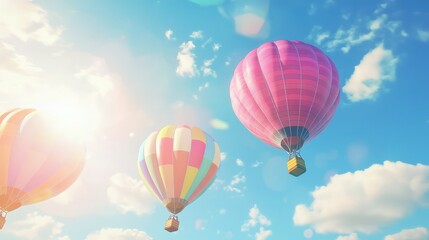 Naklejka premium Brightly Colored Hot Air Balloons Floating Against a Beautiful Blue Sky with Fluffy White Clouds and Sunlight Creating a Warm and Cheerful Atmosphere