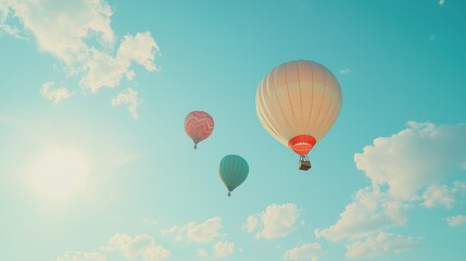 Fototapeta premium Brightly Colored Hot Air Balloons Floating Against a Clear Blue Sky with Soft Clouds and a Warm Sunlight, Creating a Serene and Joyful Atmosphere of Adventure and Freedom