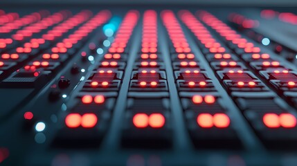 A close-up view of a control panel featuring numerous illuminated buttons, creating a striking visual with red lights and dark surfaces.