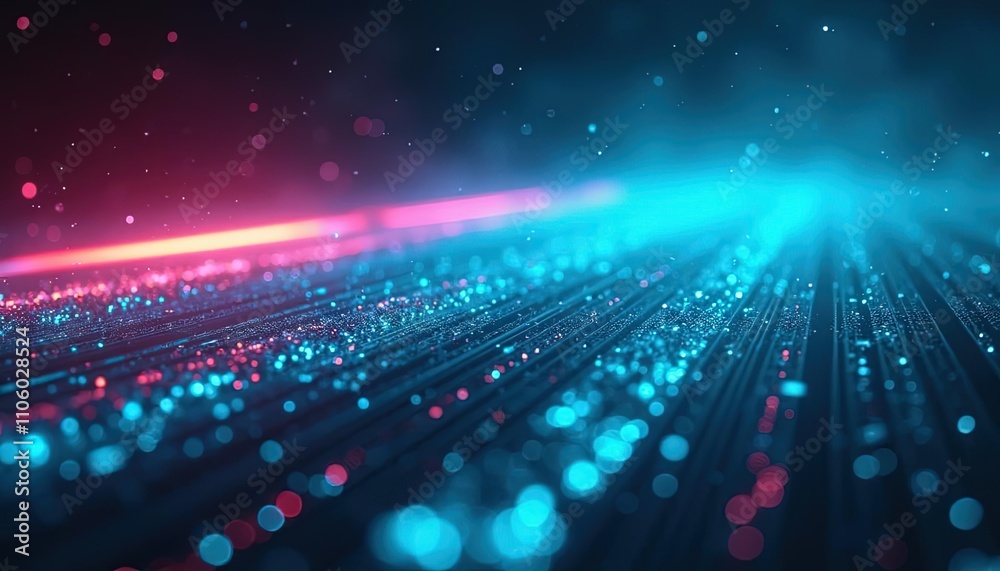 Poster abstract digital landscape with glowing neon waves and particles in vibrant colors