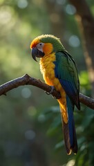 Obraz premium Exotic birds perched on a morning-lit branch.