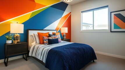 A beautifully painted accent wall in a bedroom, featuring geometric patterns and bold colors for a modern look